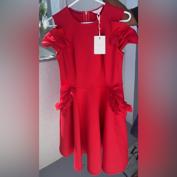Ted Baker Cold shoulder Ruffle Dress New w/Tags Bright Red US Sz 6 - Picture 7 of 13